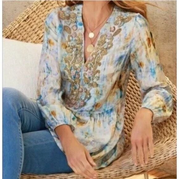 Soft Surroundings Abrial Tunic Top Watercolor Tie Dye Fairycore Embellishment 1X - Picture 1 of 15